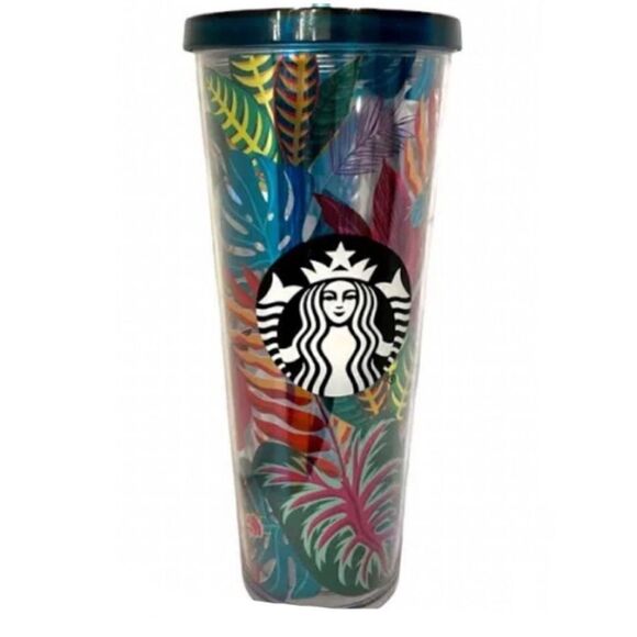 Starbucks RARE Metallic Tropical Leaves Aloha Cold Cup Tumbler - Picture 1 of 7